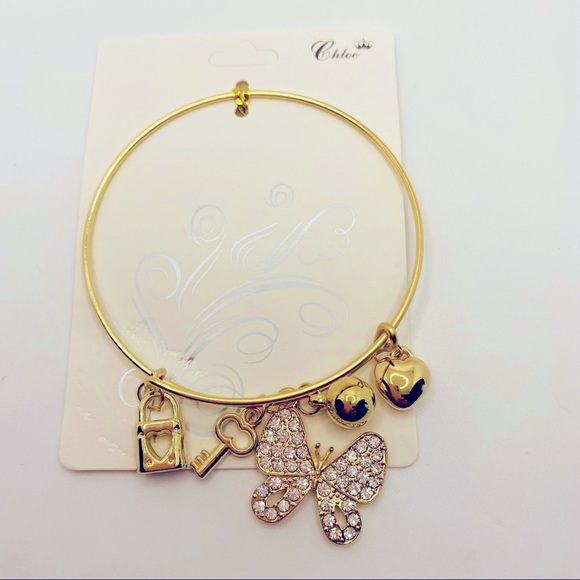 Bracelet Butterfly Chrystals with Heart and keys in Golden tone. - Picture 4 of 7